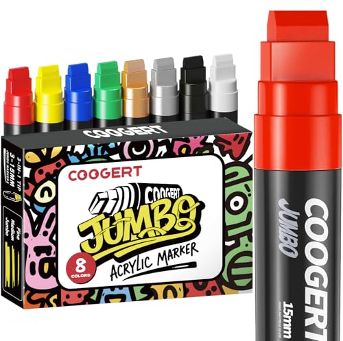 Coogert 8 Colors Jumbo Poster Markers, 15MM Thick Permanent Acrylic Graffiti Markers, Wide Tip Paint Marker for Canvas, Posters Board, Fabric, Window, Wood,Teachers,Banner painting supplies - color: 8 Colors