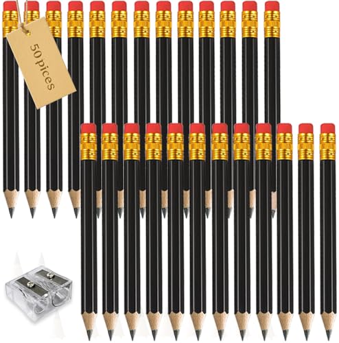 Adhere 50pcs Golf Pencils with Eraser Hexagon Wooden half Pencils Graphite 2B for Golf Event Scoring, Classroom, Wedding, Pew, Pocket | Free Pencil Sharpener (z-Black・Hexagon・50pcs) - color: z-Black・Hexagon・50pcs