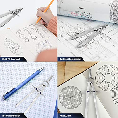 Pacific Arc Metal Professional Compass, Perfect Spring Bow Compass for Math, Geometry, or Drafting, Up to 8" Diameter Large, Comes with Lead and Lock - style: Spring Bow