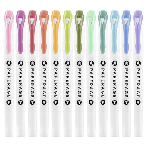 PAPERAGE Dual Tip Pastel Highlighters, Assorted Colors, Broad & Fine Point Tips, 12 Pack Highlighter Set For School or Office Supplies, Journals & Notebooks
