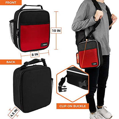 opux Insulated Lunch Bag for Kids Boys Girls, Small Compact Lunch Box with Wide Opening & Mesh Pockets, Reusable Lunch Pail for School, Work, Adults, Men, Women, Red - color: Red