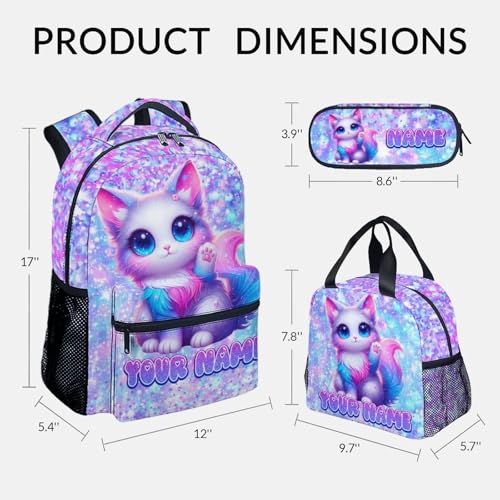 COZYAURA Cat Backpack for Girls Personalized with Name - 3-Piece School Bag Set with Insulated Lunch Box & Pencil Case for Kindergarten & Elementary Students - color: White