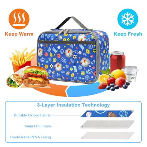 FlowFly Kids Lunch box Insulated Soft Bag Mini Cooler Back to School Thermal Meal Tote Kit for Girls, Boys,football - color: Football#Navy