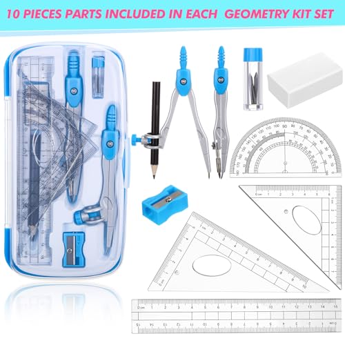 Zonon 24 Sets Math Geometry Kit Student 10 Pcs Shatterproof Storage Box Includes Compass, Rulers, Protractor, Eraser, Pencil Sharpener, Lead Refills, Pencil for Back to School Students Class Teacher