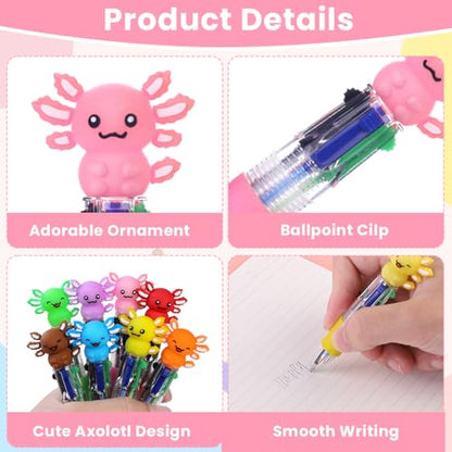 Vellibring 36pcs Fun Pens Axolotl Mini Multicolor Pens in One 4-in-1 Bulk Kawaii Axolotl Cute Writing Stationery for Brithday Gifts Party Favors Supplies Rewards Holiday Gifts - style: Cartoon Axolotl-36pcs