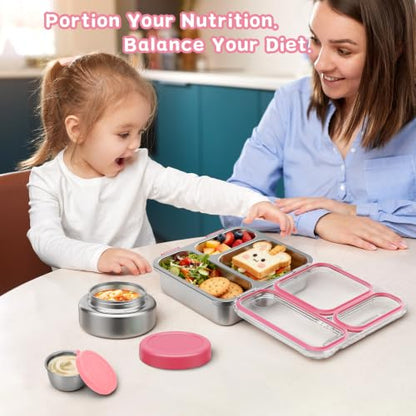 Pawtong Stainless Steel Bento Box Kids Adult with 7oz Insulated Food Jar, Transparent Lid Metal Lunch Box With Soup Thermal Jar, Lunch Box Container with Removable Divider & Sauce Cup School (Pink) - color: Pink