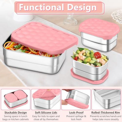 TeamFar Stainless Steel Lunch Box, Food Snack Storage Bento Containers with Silicone Lids for Kids Adults to School Work, Kids Friendly & Dishwasher Safe, Leak-Proof & Easy Open, 25OZ + 8OZ*2 (Pink) - color: Pink