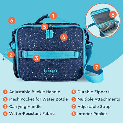 Bentgo Kids Lunch Bag - Double-Insulated, Reusable Lunch Bag for Kids 3+ with Adjustable Strap; Holds Lunch Box/Water Bottle/Snacks; Easy-Clean, Water-Resistant & Pockets (Confetti - Abyss Blue) - color: Confetti Edition - Abyss Blue