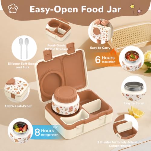 Kids Lunch Box with Thermo, Leakproof Bento Box for Kids with 8OZ Insulated Food Jar, Ice Pack, Sauce Cup, Utensils, Removable Tray & Dividers for School Daycare Travel (Capybaras) - color: Capybaras