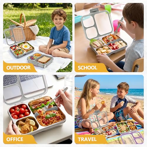 Stainless Steel Bento Lunch Box, 34oz/1000ml Leak Proof Metal Container, Lightweight 3mm Ultra-Narrow Bezel with Tritan Lid for Kids & Adults, 3-Compartment, BPA/BPS Free, Dishwasher Safe, Gray - color: Gray, size: 34oz/1000ml