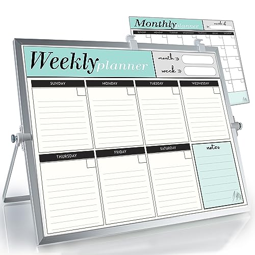 Dry Erase White Board for Desktop & Wall 12"x16" with 2 Magnetic Removable Planners - Weekly & Monthly to Do List Board with Stand, 6 Markers Eraser & Wall Hangers - Portable Double Sided Magnetic - color: Silver Planner, size: 12x16