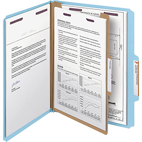 Smead Pressboard Classification File Folder with SafeSHIELD Fasteners, 1 Divider, 2" Expansion, Letter Size, Blue, 10 per Box (13730) (Pack of 1) - color: Blue