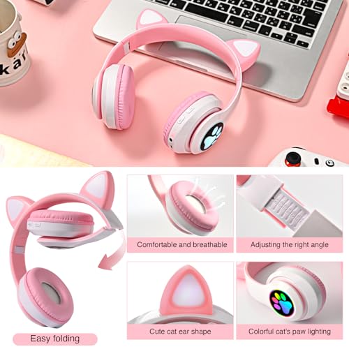 Bluetooth Noise Cancelling Headphones for Kids,Foldable Cat Headphone with LED Light Up Ear,Cat Ear Headphones for Toddler with Microphone/TF Card,Kids Bluetooth Earphones for ipad - color: Pink