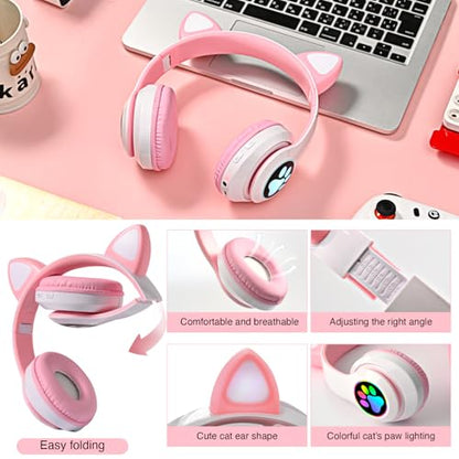 Bluetooth Noise Cancelling Headphones for Kids,Foldable Cat Headphone with LED Light Up Ear,Cat Ear Headphones for Toddler with Microphone/TF Card,Kids Bluetooth Earphones for ipad - color: Pink