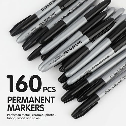 Dabo&Shobo Permanent Markers, 160 Pack Black Permanent Markers Bulk, Fine Tip, Quick Drying, Waterproof Markers, Work On Wood, Metal, Plastic, Stone, Glass For Office School Home