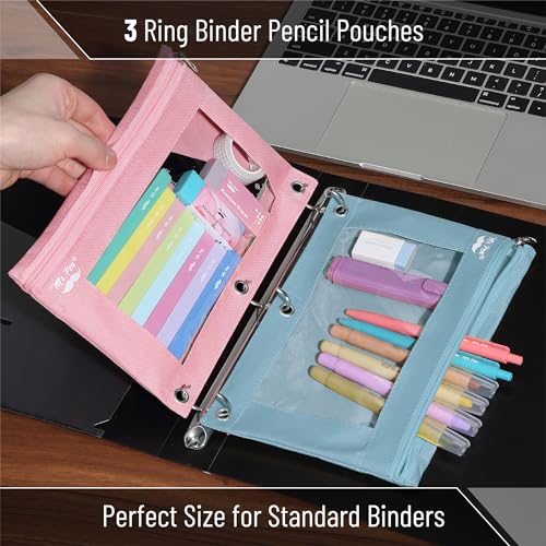 Mr. Pen- Pencil Pouch for 3 Ring Binder, 2 Pack, 10"x6.75", Smooth Zipper | Clear Window, Large Capacity Pencil Case with 3 Reinforced Grommets for School, Office, Supplies Storage | Clear Window, Large Capacity Pencil Case with 3 Reinforced Grommets for