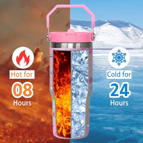 30 oz Flamingo Tumbler with Handle, Large Insulated Tumbler with Flip & Straw Coffee Mug Cup Stainless Steel Gifts for Women Men Youth - color: Pink