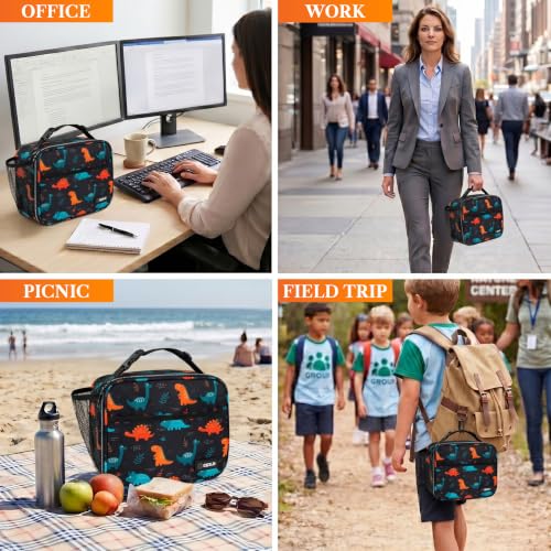 opux Insulated Lunch Bag for Kids, Reusable Lunch Box for School with Leakproof Lining, Compact Soft Cooler Tote for Boys & Girls, Front Pocket, Mesh Side Bottle Holder (Dinosaur) - color: Dinosaur
