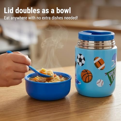 Wildkin Kids 10 oz Insulated Food Jar, Game On | Wide-mouth 10 oz jar keeps food hot up to 5 hrs and cold up to 7 hrs · includes two folding spoons · stainless steel interior - color: Game On