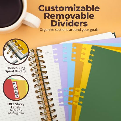 Hardcover Leather Lined Spiral Notebook 8x10" with Removable Dividers - Green - 300 Pages 5 Subject College Ruled Notebook for Work with Tabs, Pockets, and Pen Loop for Note Taking, Large Journal - color: Green