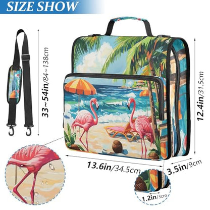 Cute Flamingos Palm Trees and Sea Waves Zipper Binder 3 Ring 1.5 Inch School Binder Organizer with Shoulder Strap Handle File Folder Pockets Large Capacity Students Girl Boy Men Office Work - color: Cute Flamingos Palm Trees and Sea Waves