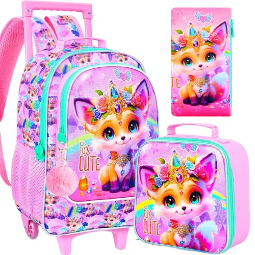 3Pcs Rolling Backpack for Girls, Kids Roller School Backpack with Wheels, Fox Wheeled Bookbag for Elementary Preschool Kindergarten(Pink) - color: Fox Yellow