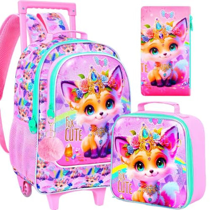 3Pcs Rolling Backpack for Girls, Kids Roller School Backpack with Wheels, Fox Wheeled Bookbag for Elementary Preschool Kindergarten(Pink) - color: Fox Yellow