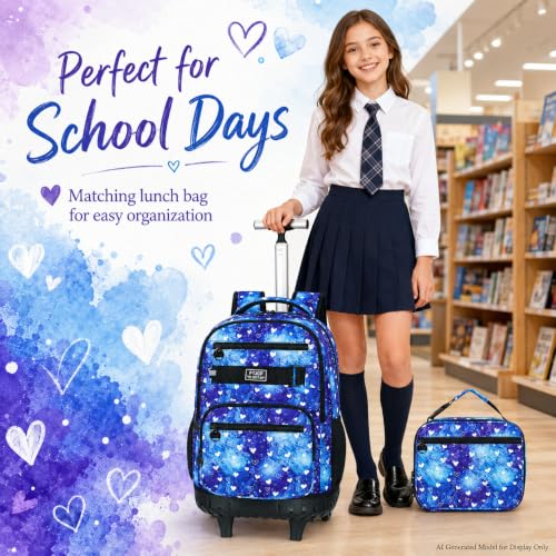 3Pcs Rolling Backpack for Girls, 19 Inche Women Roller Bag with Wheels for Adults, Wheeled Bookbag with Lunch Box(Blue) - color: Blue Love
