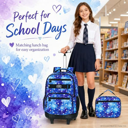 3Pcs Rolling Backpack for Girls, 19 Inche Women Roller Bag with Wheels for Adults, Wheeled Bookbag with Lunch Box(Blue) - color: Blue Love