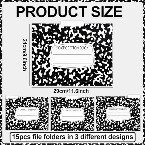 15 Pcs Composition Notebook File Folders for Filing Cabinet 9.6x11.6 Inches Black White Decorative File Pockets Composition Dividers Organizers Back to School Supplies for Teachers Students Classroom