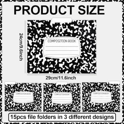 15 Pcs Composition Notebook File Folders for Filing Cabinet 9.6x11.6 Inches Black White Decorative File Pockets Composition Dividers Organizers Back to School Supplies for Teachers Students Classroom