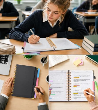 JASLEKO 3 Subject Notebook College Ruled with Dividers Tabs, 100 GSM Leather Hardcover Spiral Notebooks for School Work, 240 Pages Large Cute Notebook Journal for Women Men, College Students,Black - color: Black