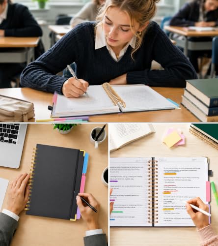 JASLEKO 3 Subject Notebook College Ruled with Dividers Tabs, 100 GSM Leather Hardcover Spiral Notebooks for School Work, 240 Pages Large Cute Notebook Journal for Women Men, College Students,Black - color: Black