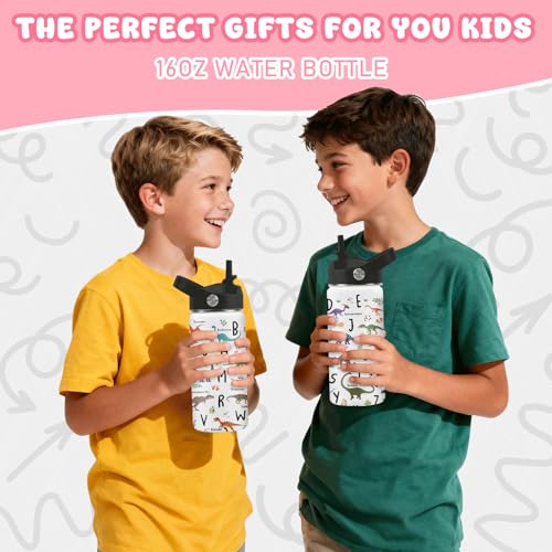 Alphabet Dinosaur Water Bottle for Boys, 16oz Kids Stainless Steel Insulated Water Bottle with Straw Lid, Dinosaur Dino Cup Tumbler Gifts for School - color: Alphabet Dinosaur