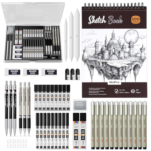 Nicpro 52PCS Art Drawing Supplies Kit, Metal Mechanical Pencil Set 0.5, 0.7, 0.9 & 2mm, 9x12 Sketch Book, 12 Fineliner Pens, 20 Tubes Leads, School Supplies Drawing Kit for Artist Adults Sketching - size: 52
