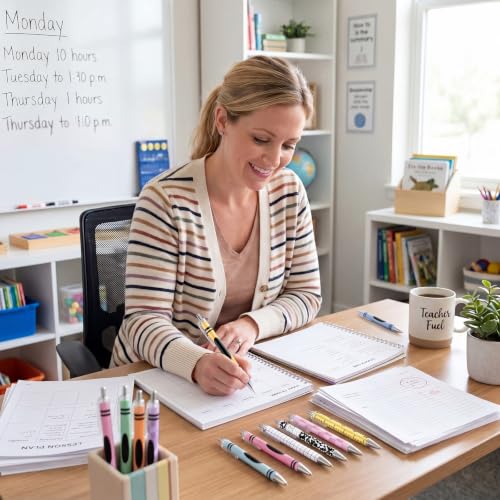 Cholemy 48 Pcs Composition Notebook Pens Bulk Pack, 12 Styles Retractable Ballpoint Pens, Cute School Themed Pen for Teachers Students Classroom Prizes Back to School Gifts Office Supplies - style: Composition Notebook