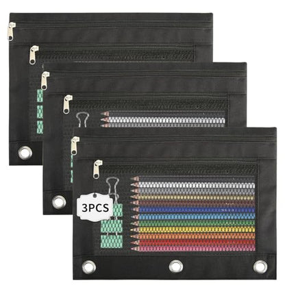 Gioriches Pencil Pouch for 3 Ring Binder - 3 Pack Zippered Pencil Pouches with Transparent Mesh Window| Binder Pouch with Smooth Zippers| Zippered Pencil Bag for School Office Students, Black - color: Black
