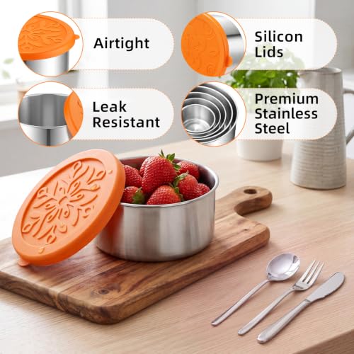 10 Pack Stainless Steel Containers with Lids, 5 Sizes Leakproof Stainless Steel Food Storage Containers, Nesting Snack Holders and Flatware Set with Fork, Knife, Spoon, Chopsticks in Clear Case