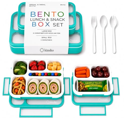 Bento Lunch-Box Set for Kids includes Snack Container | 6 and 3 Compartment Boxes Leakproof School Bentos or Meal Portion Control Containers BPA Free, Boys Girls Adults, Teal Large + MINI 2 pack - color: Teal-Blue Green Large + MINI 2 Pack