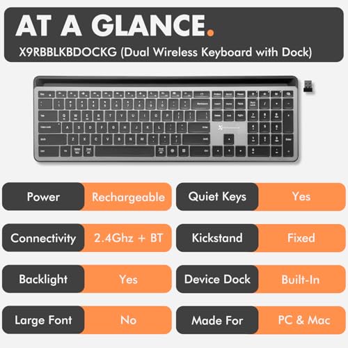 X9 Wireless Keyboard with Phone Holder - Full Size Bluetooth Keyboard with Number Pad, Backlit Wireless Keyboard, Multi-Device for iPad, Tablet, PC, Mac, iPhone, Android - Gray - color: Gray