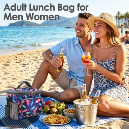 FlowFly Insulated Reusable Lunch Bag Adult Large Lunch Box for Women and Men with Adjustable Shoulder Strap,Front Zipper Pocket and Dual Large Mesh Side Pockets,Feather - color: Feather