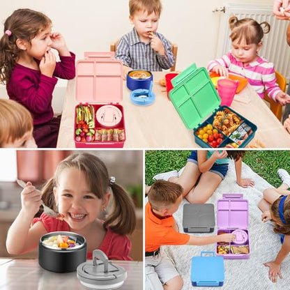 Bento Lunch Box for Kids with 8oz Soup Thermo,Kids Leakproof Lunch Food Containers with 4 Compartment,Kid Insulated Thermo Hot Food Jar for School,Trvael-Black - color: Black