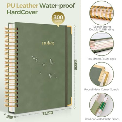 SKYDUE 5 Subject Notebook with Dividers and Tabs, 8" x 10" College Ruled Notebook for Work, 300 Pages Spiral Journal for Women, Green - color: Green