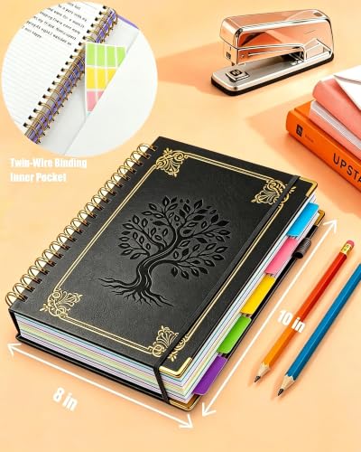 Hardcover Spiral Notebook Journal with Removable Dividers Tabs, 5 Subject Notebooks for Work School, 300 pages 8"x10" B5 leather Journal College Ruled, Cute Journal for women, Black - color: Black