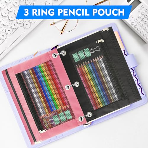 Pencil Pouch for 3 Ring Binder - 3 Pack Zippered Pencil Pouches with Transparent Mesh Window| Binder Pouch with Smooth Zippers| Zippered Pencil Bag for School Office Students, Black+Grey+Pink - color: Black & Grey & Pink
