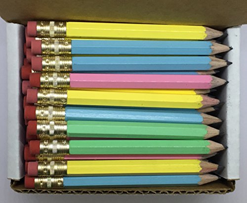 Express Pencils Half Pencils with Eraser - Golf, Pew, Short, Mini - Hexagon, Sharpened, Non Toxic, #2 Pencil, Color - Assorted Pastels, (Box of 48) Golf Pocket Pencils