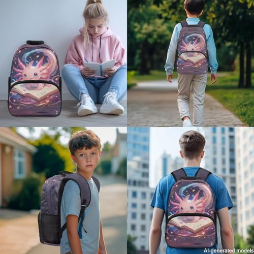 17 Inch Kid's 4PCS Backpack Set, Back to School Essentials | Insulated lunch box, water bottle pouch, pencil case, lightweight, padded shoulder straps, for elementary, middle school - color: Galaxy Axolotl