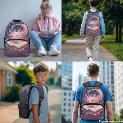 17 Inch Kid's 4PCS Backpack Set, Back to School Essentials | Insulated lunch box, water bottle pouch, pencil case, lightweight, padded shoulder straps, for elementary, middle school - color: Galaxy Axolotl