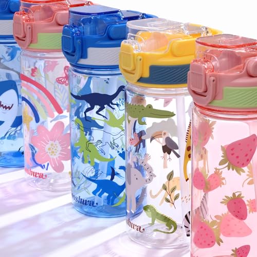Kids Water Bottle for School, 16 Oz Plastic Water Bottle, 2 Pack | Silicone Spout, Pop-Up Cover, BPA Free & Dishwasher Safe, Excavator & Dinosaur