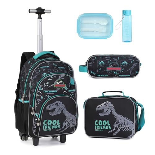 Kids Rolling Backpack for Boys, 5 PCS Cartoon Wheeled Backpack Set with Lunch Bag & Pencil Case, Durable Backpack with Wheels for School, Travel & Daily Use (Green) - color: Dinosaur Black